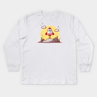 Space Shuttle Taking Off with Clouds, Mountain and Tree Space Cartoon Vector Icon Illustration Kids Long Sleeve T-Shirt